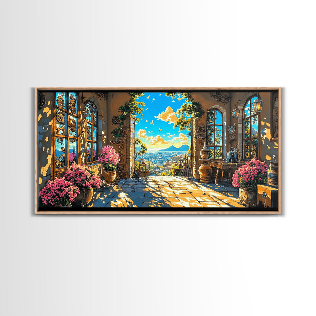 Sunlit Mediterranean Terrace With Pink Flowers Canvas Print, Coastal Wall Art, Italian Home Decor, Living Room Decor Gift