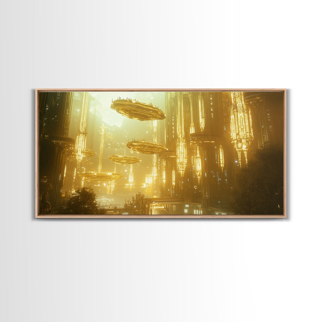Golden Futuristic City With Floating Airships Framed Canvas Print, Sci Fi Wall Art, Cyberpunk Decor, Statement Artwork Gift For Him