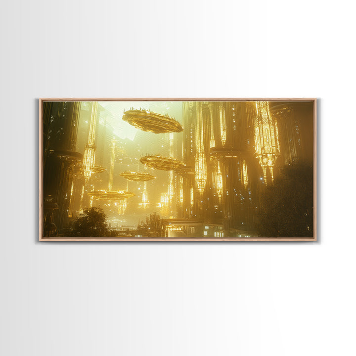 Golden Futuristic City With Floating Airships Framed Canvas Print, Sci Fi Wall Art, Cyberpunk Decor, Statement Artwork Gift For Him