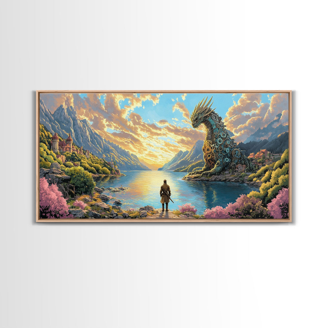 Hero Facing Giant Mechanical Dragon On Alpine Lake Canvas Print, Fantasy Wall Art, Mountain Wall Art, Adventure Home Decor