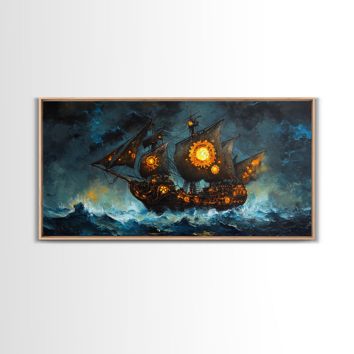 Stormy Steampunk Pirate Ship With Glowing Gears Canvas Print, Nautical Wall Art, Dark Fantasy Art, Moody Seascape Decor Gift For Him