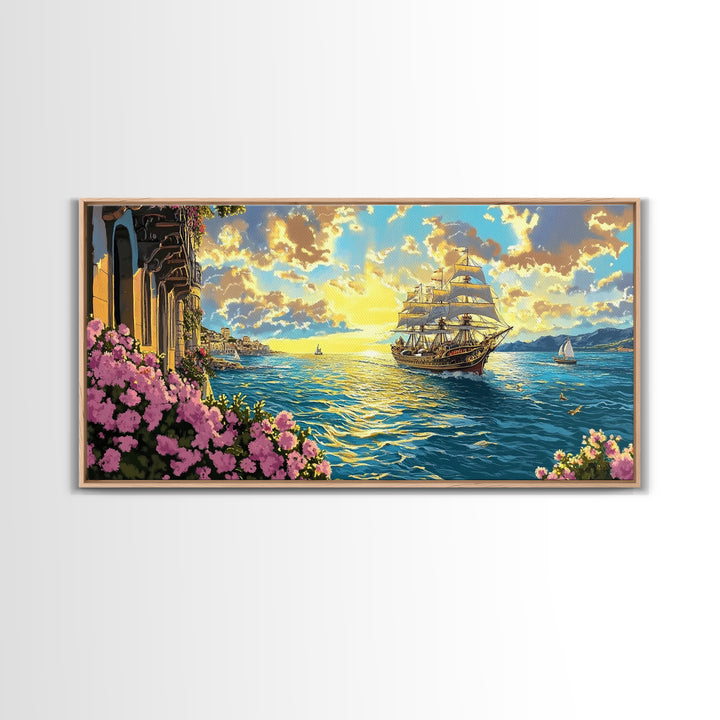 Sunset Tall Ship Sailing Past Flowered Balcony Canvas Print, Coastal Wall Art, Nautical Decor, Mediterranean Home Decor, Gift For Her
