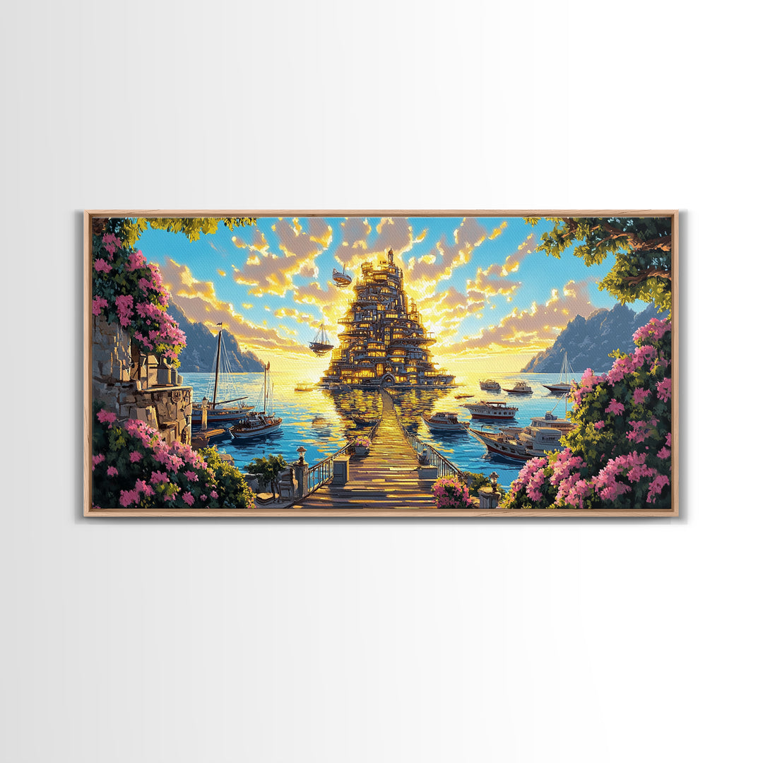 Golden Floating Temple At Sunset Wall Art, Fantasy Coastal Landscape Canvas, Dreamy Ocean Decor, Large Living Room Art Print