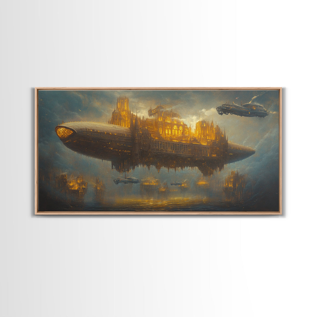 Golden Steampunk Airship City Framed Canvas Print, Futuristic Sci Fi Wall Decor, Dark Fantasy Art For Office Decor, Gift For Him