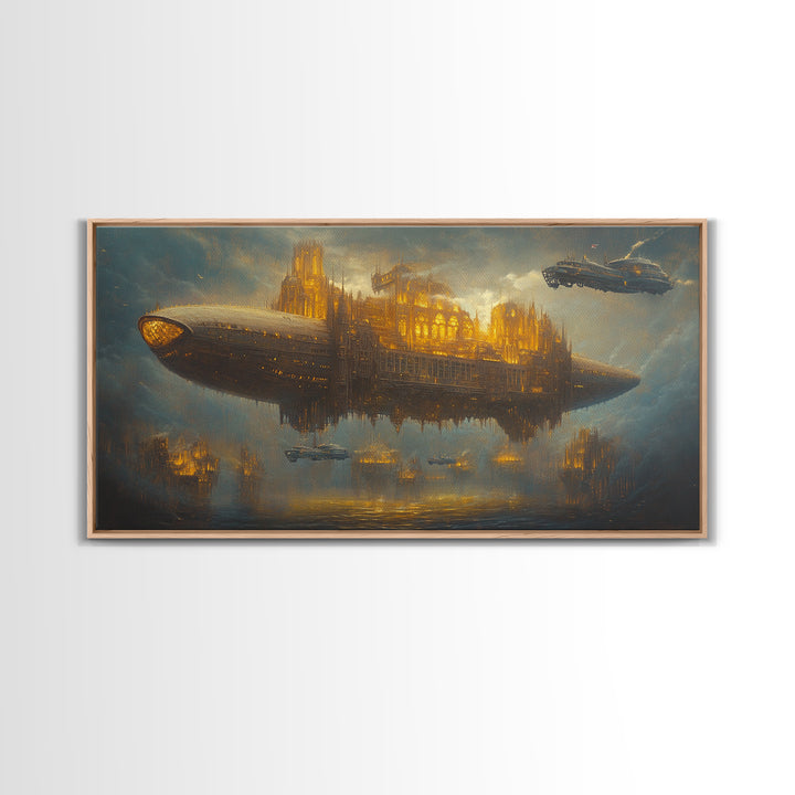 Golden Steampunk Airship City Framed Canvas Print, Futuristic Sci Fi Wall Decor, Dark Fantasy Art For Office Decor, Gift For Him