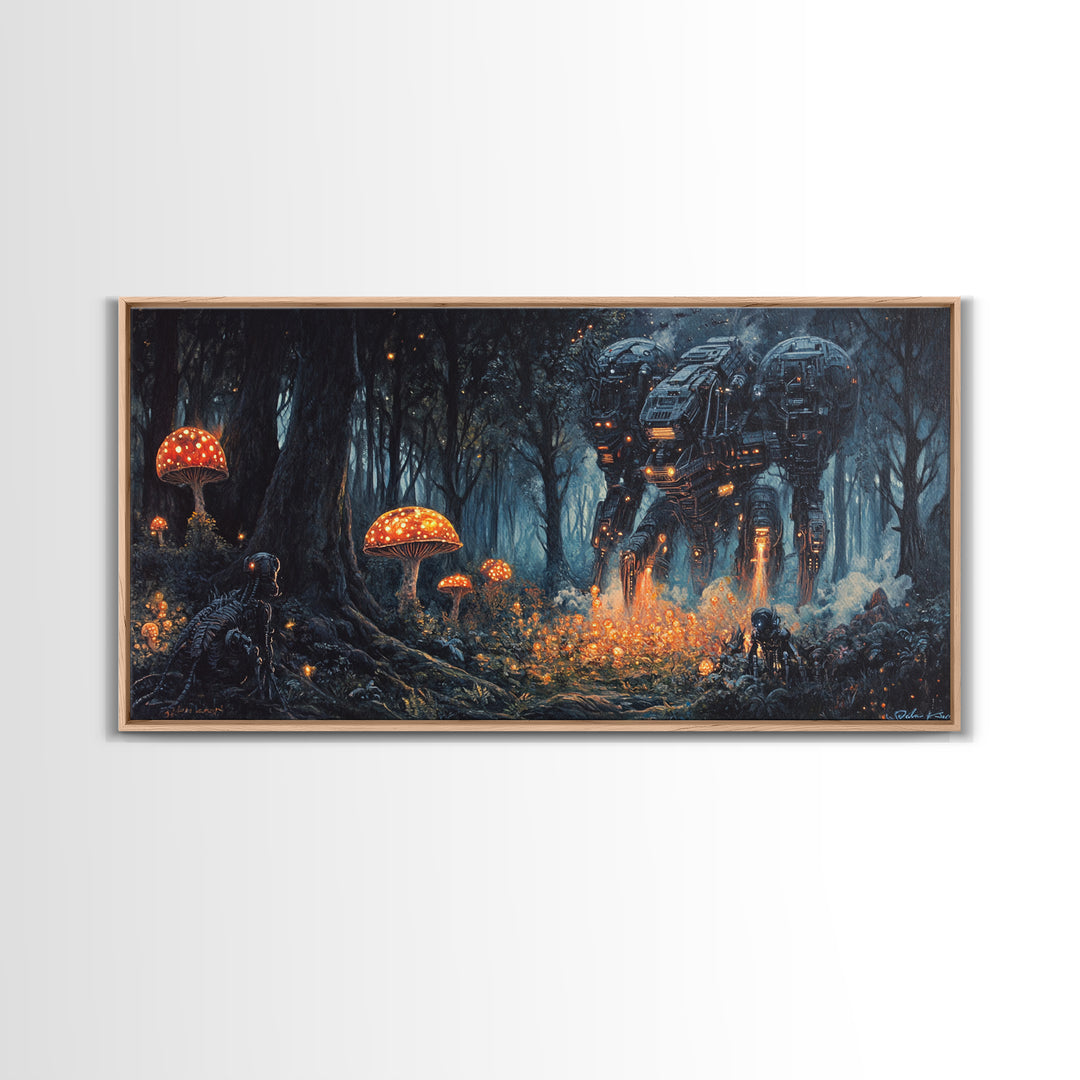 Glowing Mushroom Forest Mech Canvas Print, Dark Sci Fi Fantasy Wall Art, Cyberpunk Decor, Gamer Room Office Art, Gift For Him