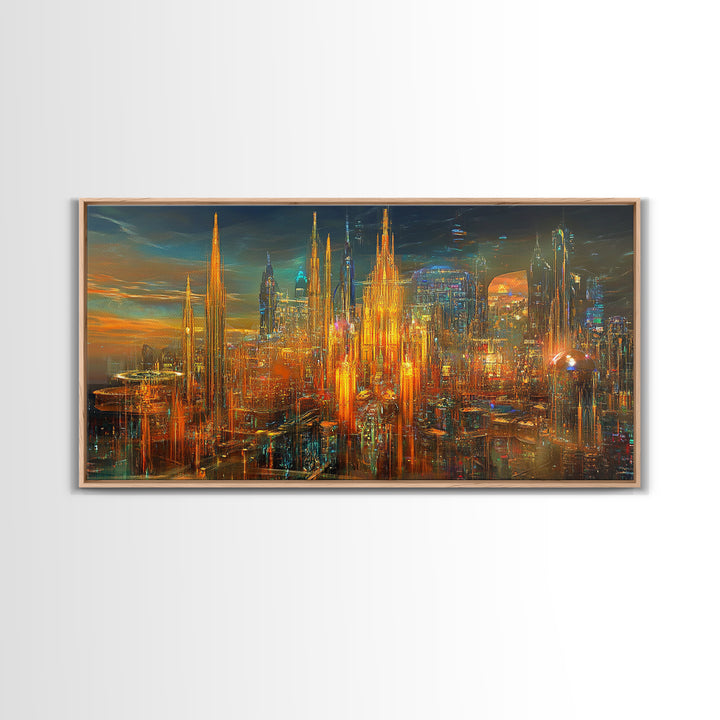 Radiant Futuristic City Skyline Wall Art, Cyberpunk Canvas Print, Sci Fi Urban Decor, Large Modern Office Wall Decor Art