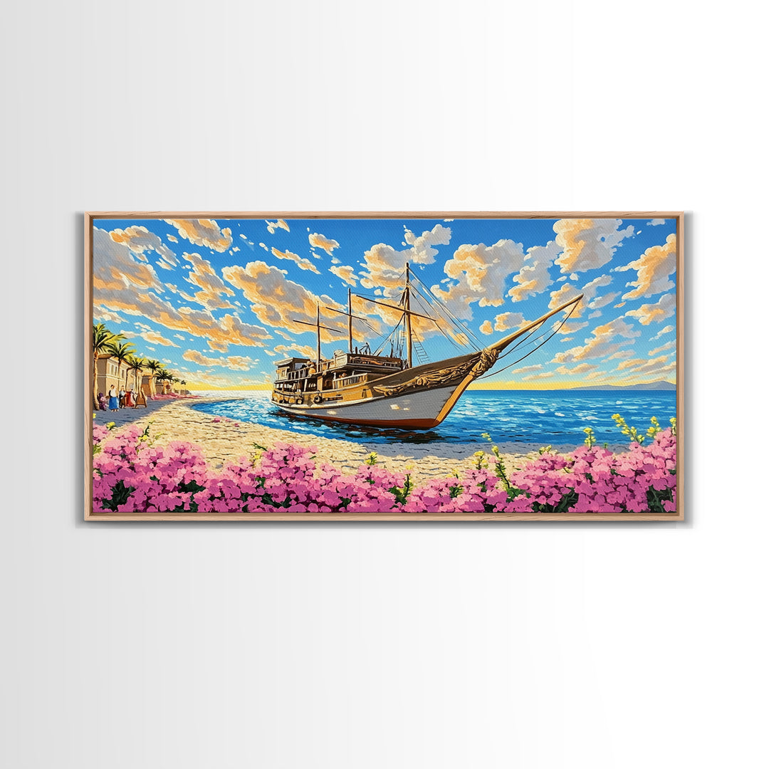 Classic Wooden Sailboat On Sunny Coast Wall Art, Nautical Canvas Print, Beach House Decor, Coastal Living Room Art Print