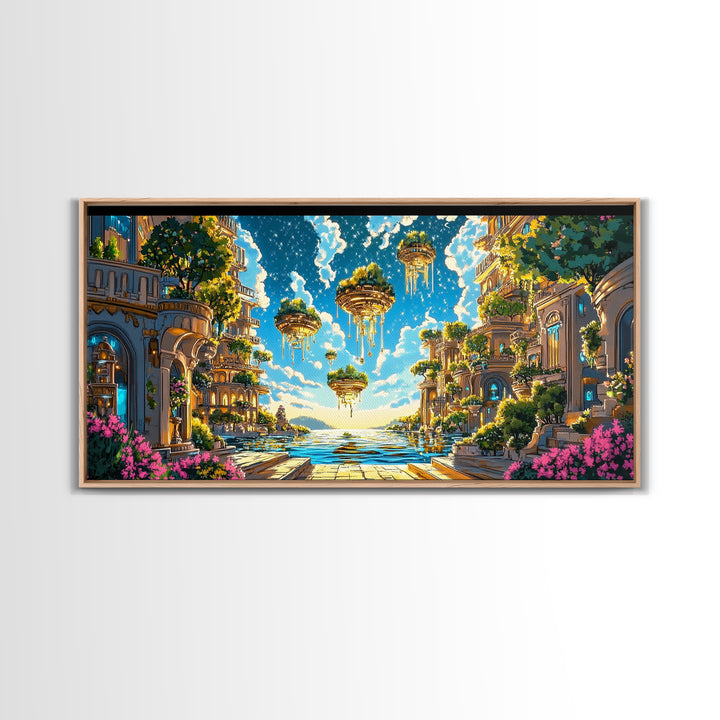 Floating Garden Islands Over Azure Sea Wall Art, Fantasy Coastal Canvas Print, Dreamy Mediterranean Home Decor Art Print