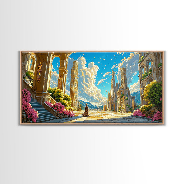 Sunlit Ancient Ruins And Mountain Vista Wall Art, Fantasy Landscape Canvas Print, Elegant Mediterranean Home Decor Print