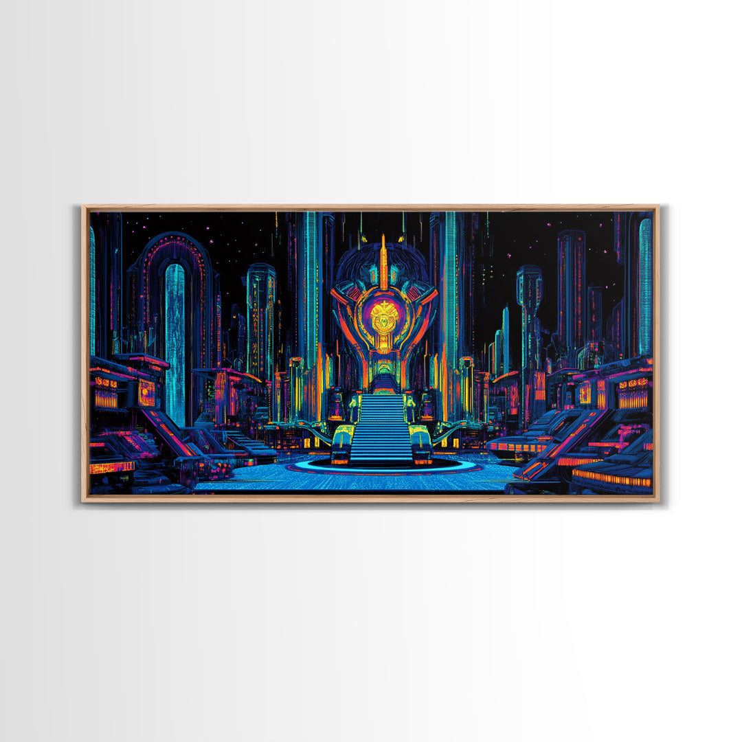 Neon Cyberpunk Throne Room Canvas Print, Futuristic Sci Fi Wall Art, Gaming Room Decor, Vibrant Office Wall Decor, Gift For Him