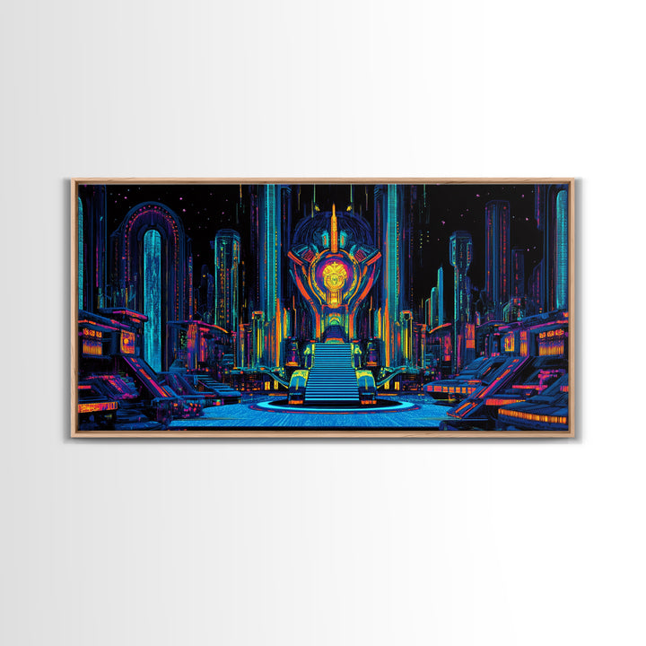 Neon Cyberpunk Throne Room Canvas Print, Futuristic Sci Fi Wall Art, Gaming Room Decor, Vibrant Office Wall Decor, Gift For Him
