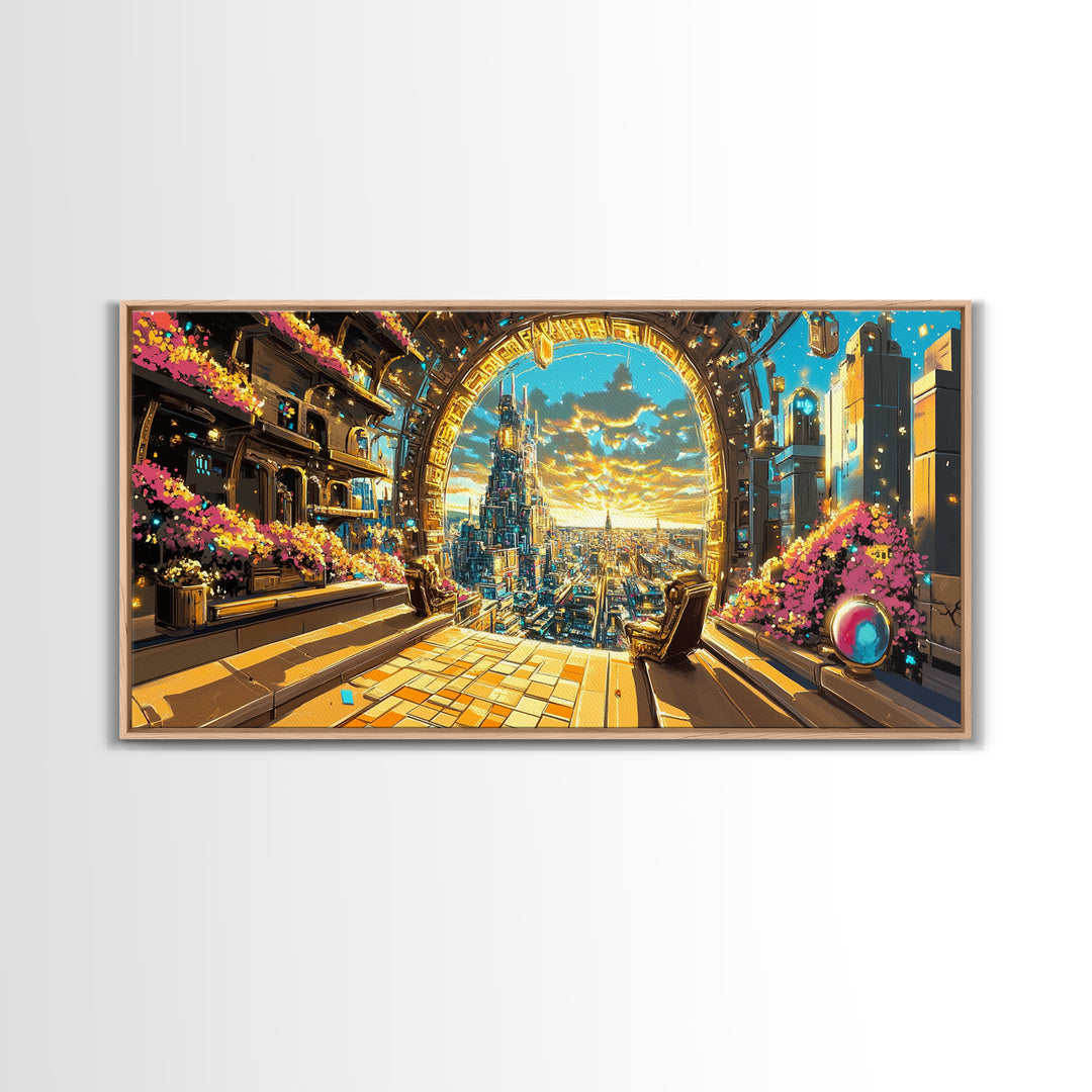 Golden Portal Balcony Over Future City Wall Art, Futuristic Canvas Print, Sci Fi Living Room Decor, Statement Office Art
