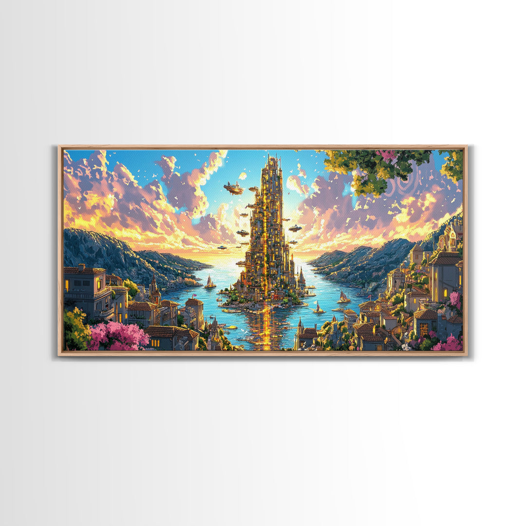 Radiant Island Tower And Alpine Bay Framed Canvas Print, Fantasy Coastal Wall Art, Italy Decor, Colorful Living Room Art