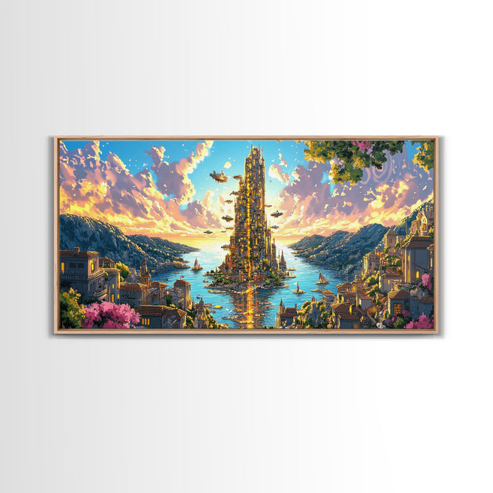 Radiant Island Tower And Alpine Bay Framed Canvas Print, Fantasy Coastal Wall Art, Italy Decor, Colorful Living Room Art
