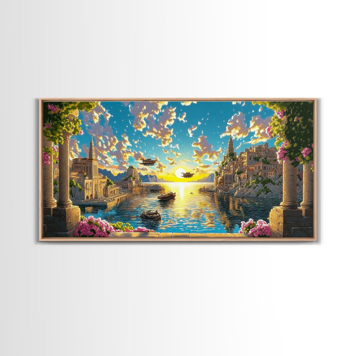 Sunlit Fantasy Harbor With Airships Canvas Print, Mediterranean Coastal Wall Art, Seascape Decor, Bright Living Room Print