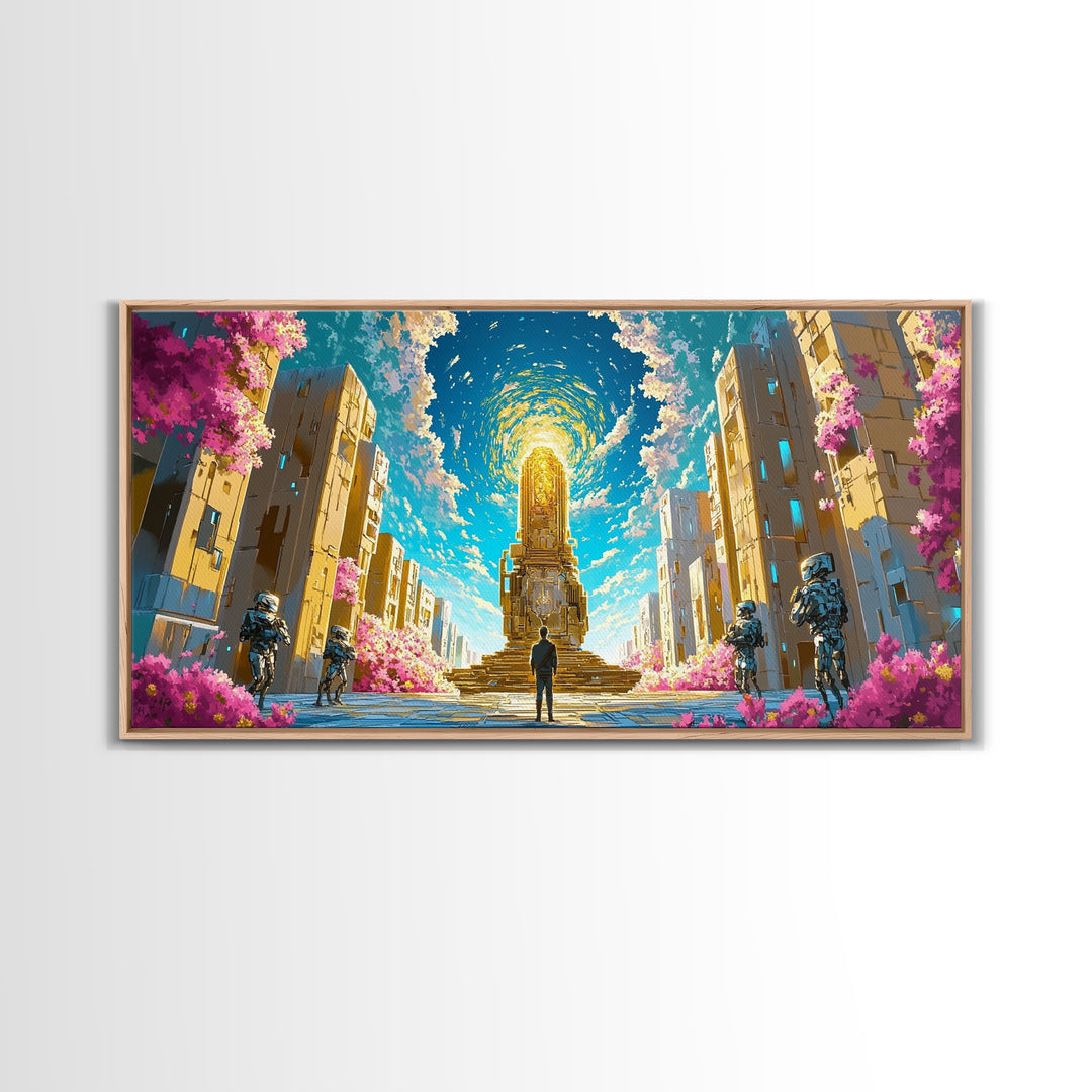 Celestial Portal Monument With Blossoms Wall Art, Modern Futuristic Sci Fi Canvas, Cyberpunk Decor, Vibrant Living Room Print