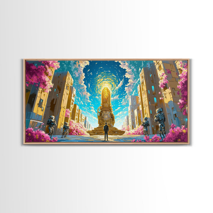 Celestial Portal Monument With Blossoms Wall Art, Modern Futuristic Sci Fi Canvas, Cyberpunk Decor, Vibrant Living Room Print
