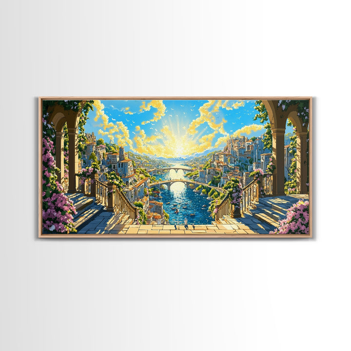 Sunlit Fantasy River City From Balcony Canvas Print, Mediterranean Wall Art, Colorful Coastal Decor, Bright Above Sofa Print