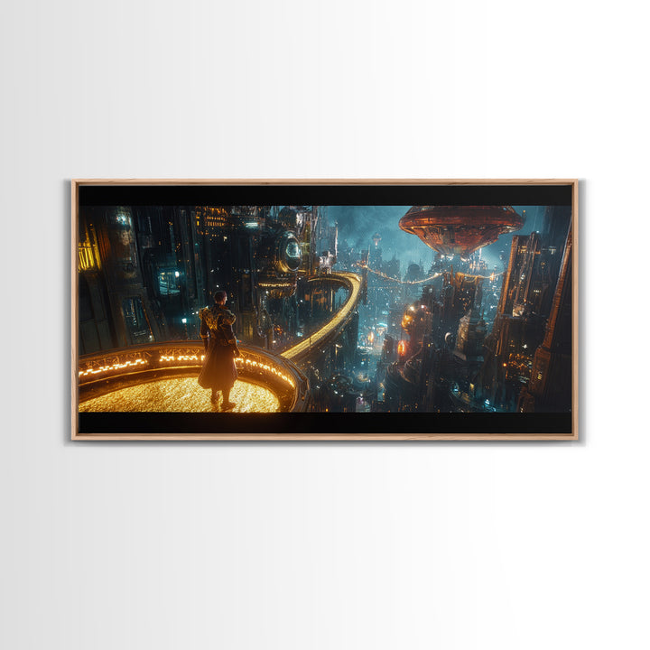 Cyberpunk Balcony Over Neon Megacity Wall Art, Futuristic Sci Fi Canvas, Dystopian Cityscape Large Office Living Room Print