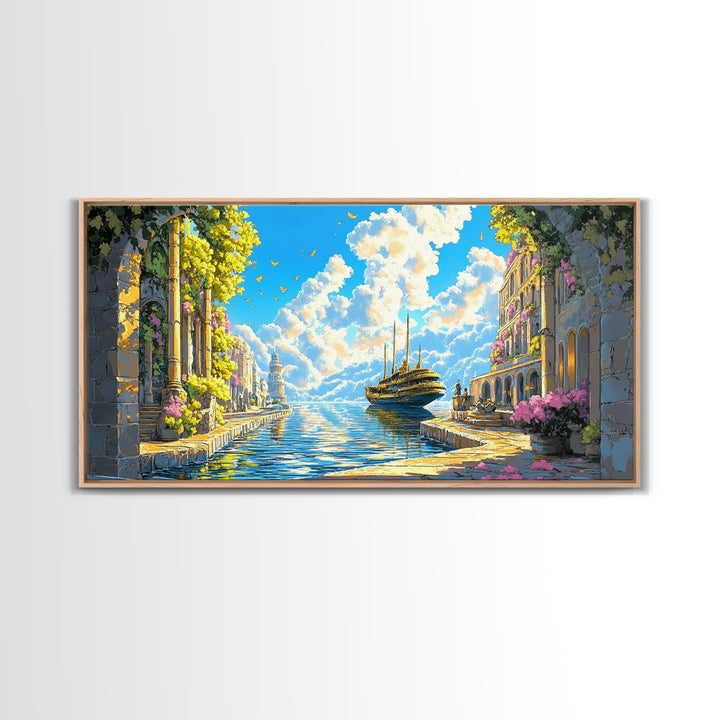 Sunlit Mediterranean Canal And Flowered Stone City Wall Art, Coastal Italy Canvas Print For Living Room Decor And Beach House Decor