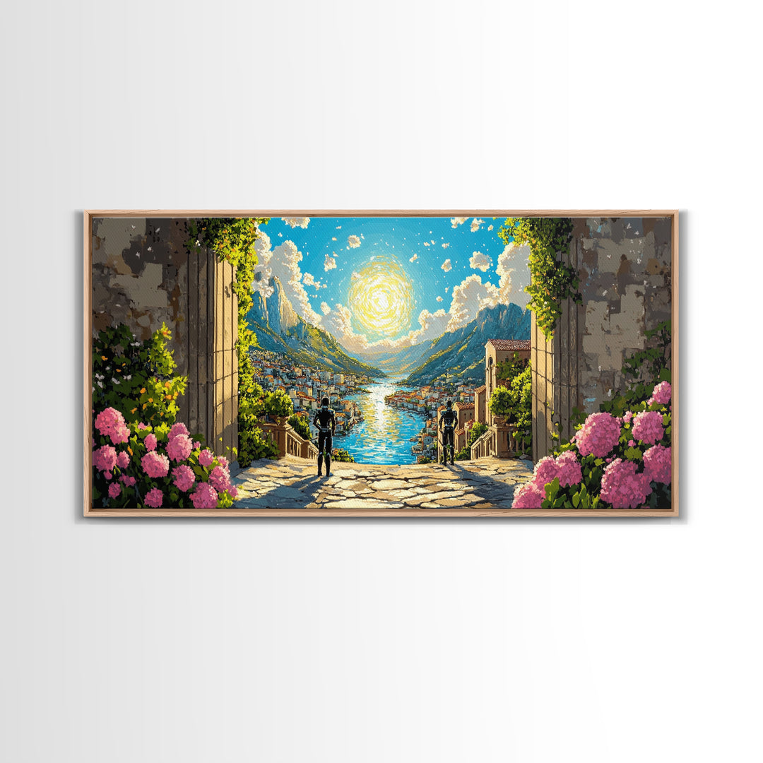 Radiant Alpine Lake Como Village Through Stone Arch Wall Art, Italian Landscape Print For Elegant Home Decor And Travel Lover Gift