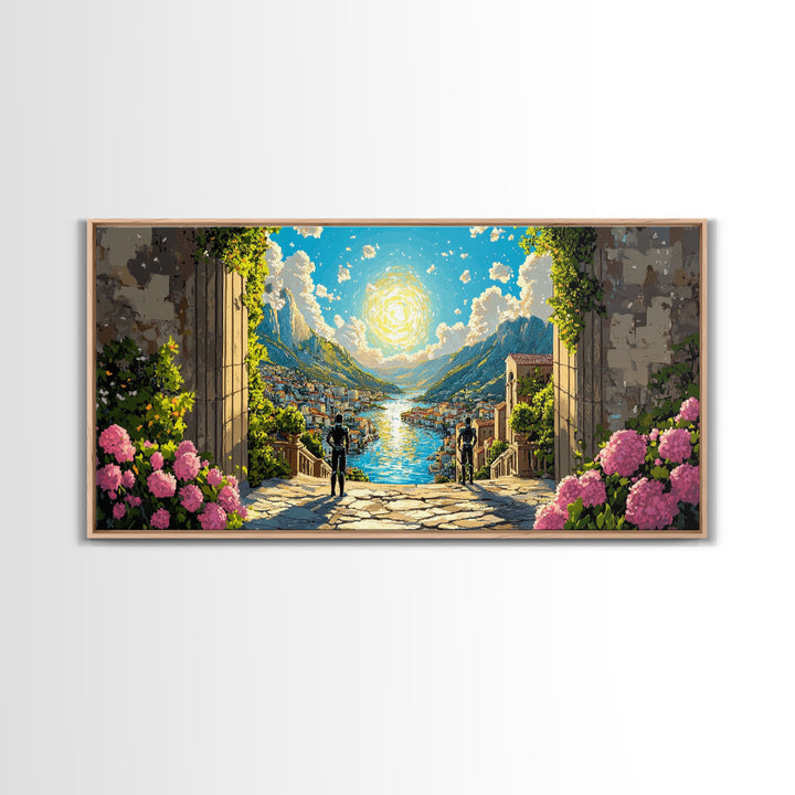 Radiant Alpine Lake Como Village Through Stone Arch Wall Art, Italian Landscape Print For Elegant Home Decor And Travel Lover Gift