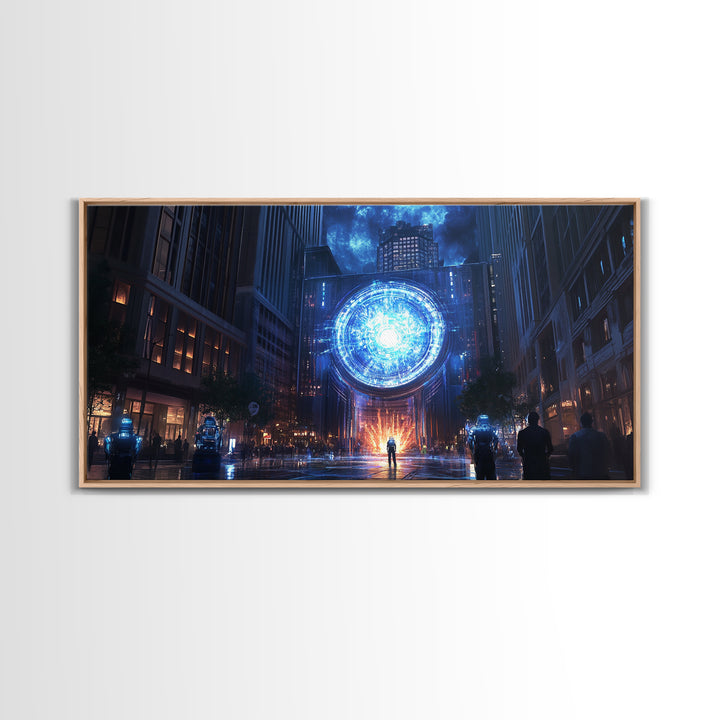 Blue Cosmic Portal Over Dark City Street Framed Canvas Print, Sci Fi Wall Art For Gaming Room Decor And Modern Cyberpunk Decor