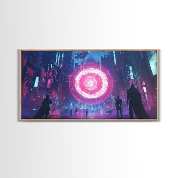 Neon Pink Portal In Rainy Cyberpunk Megacity Canvas Print, Futuristic Wall Art For Gaming Room Decor And Sci Fi Gift For Him