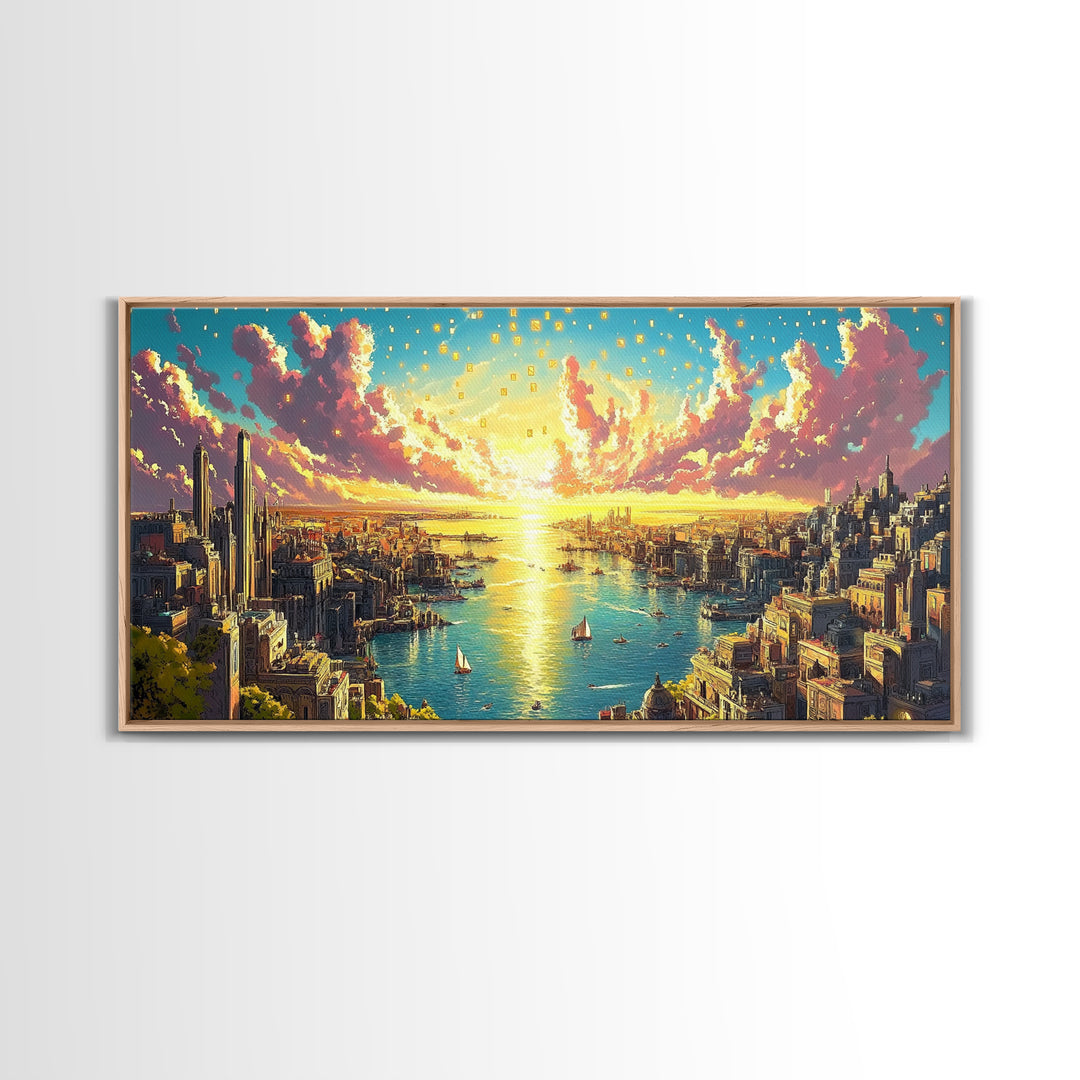 Panoramic Golden Harbor City At Sunrise Wall Art, Futuristic Coastal Canvas Print For Living Room Decor And Large Horizontal Art