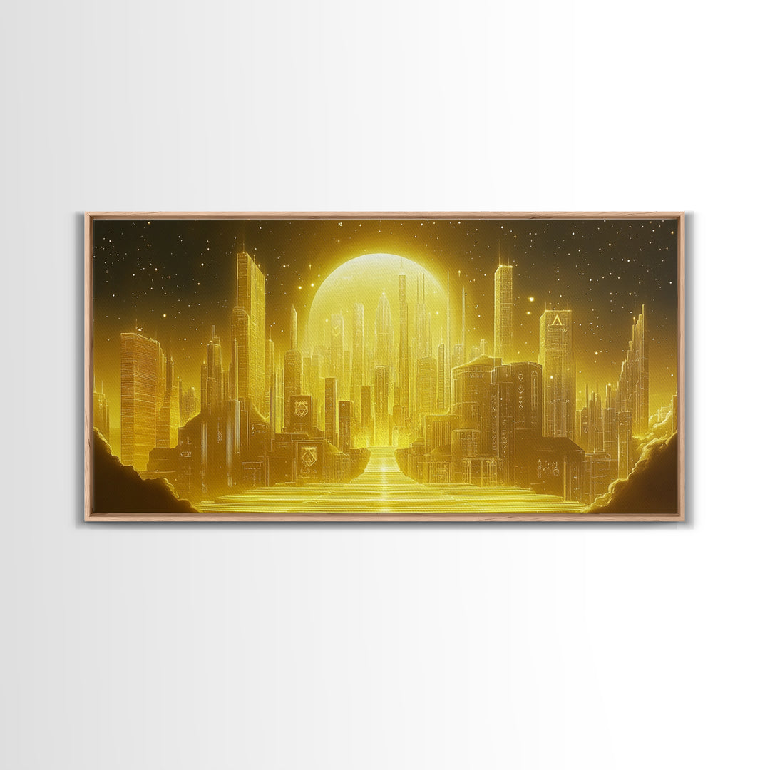 Golden Moon Over Futuristic Skyline And River Wall Art, Celestial City Canvas Print For Modern Office Decor And Sci Fi Home Decor