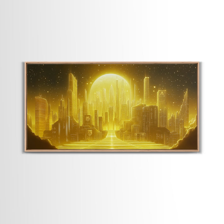Golden Moon Over Futuristic Skyline And River Wall Art, Celestial City Canvas Print For Modern Office Decor And Sci Fi Home Decor