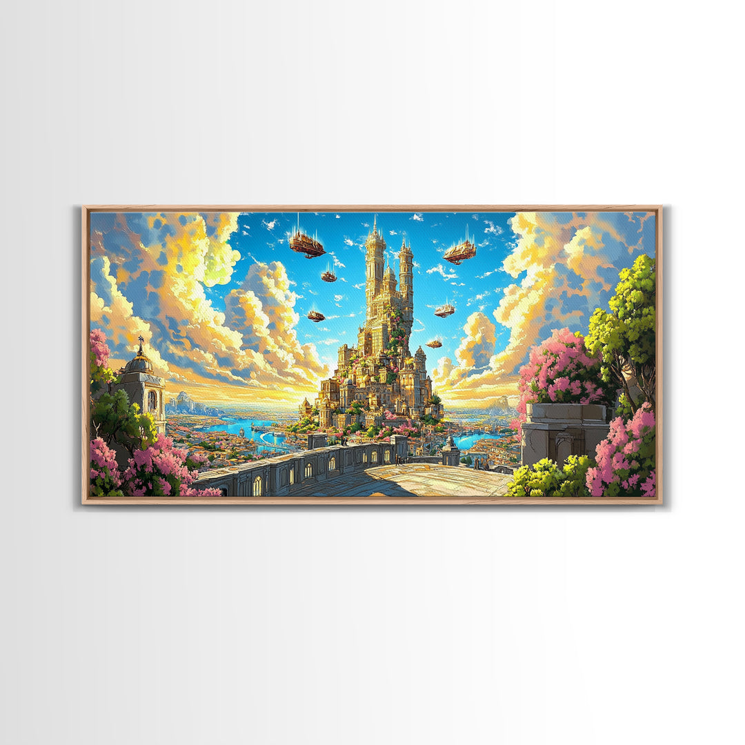 Sunlit Floating Castle City Canvas Print, Fantasy Wall Art, Dreamy Landscape Decor For Large Living Room, Whimsical Sky Kingdom Art
