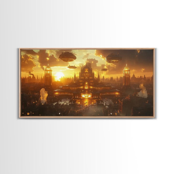 Golden Steampunk Palace Skyline Framed Canvas Print, Fantasy Wall Art, Futuristic Cityscape For Moody Office Decor And Living Room Decor
