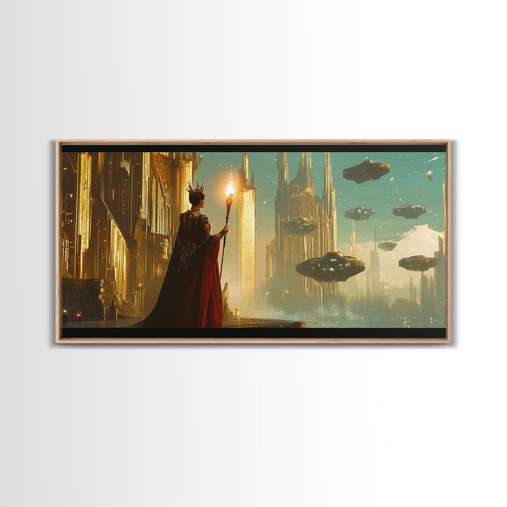 Cloaked Mage With Torch Canvas Print, Fantasy Wall Art, Futuristic Cityscape, Dark Academia Office Decor, Sci Fi Art, Gift For Him