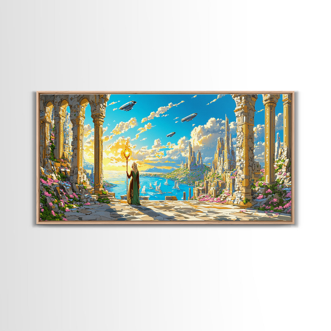 Ancient Ruins Over Ocean Canvas Print, Fantasy Wall Art, Coastal Sky Kingdom Landscape, Whimsical Living Room Decor And Office Art