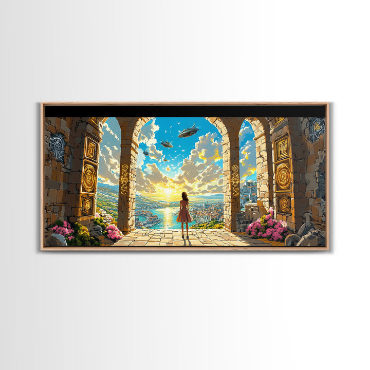 Girl At Golden Archway Canvas Print, Fantasy Wall Art, Magical City View, Whimsical Bedroom Decor And Nursery Wall Art Print