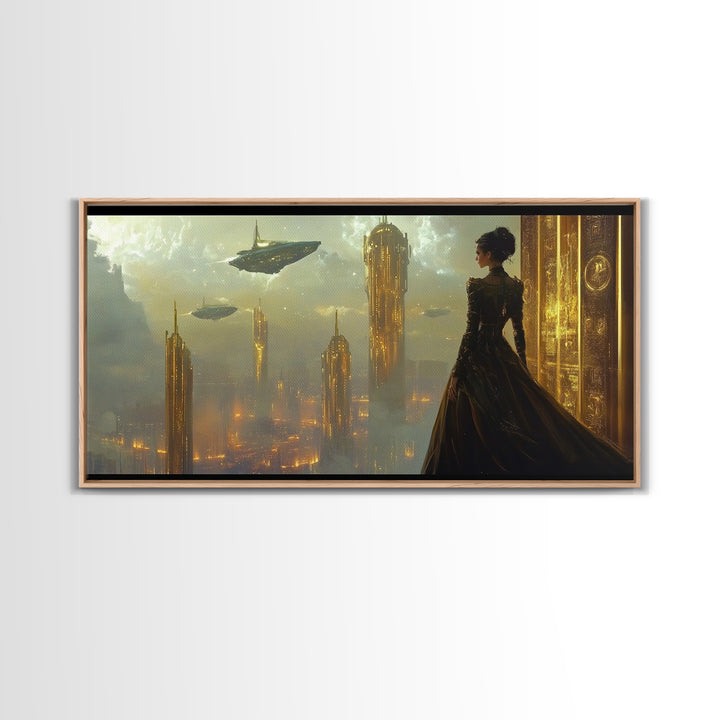 Elegant Woman Over Golden City Framed Canvas Print, Fantasy Wall Art, Futuristic Skyline Decor, Dark Feminine Office Art