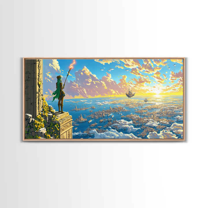 Green Robed Mage Above Cloud City Canvas Print, Fantasy Wall Art, Ocean Sky Landscape, Magical Coastal Living Room Decor
