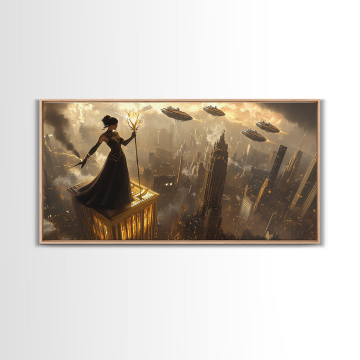 Dark Sorceress On Skyscraper Canvas Print, Fantasy Wall Art, Golden Dystopian City, Gothic Office Decor And Sci Fi Art For Him
