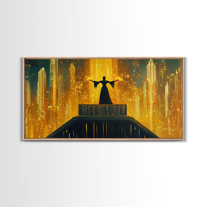 Golden Futuristic City Silhouette Canvas Print, Sci Fi Wall Art, Cyberpunk Skyline Decor, Neon Fantasy Living Room Art Poster