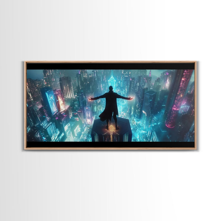 Neon Cyberpunk Skyline Framed Canvas Print, Futuristic City Wall Art, Sci Fi Gamer Room Decor And Dystopian Poster Prints