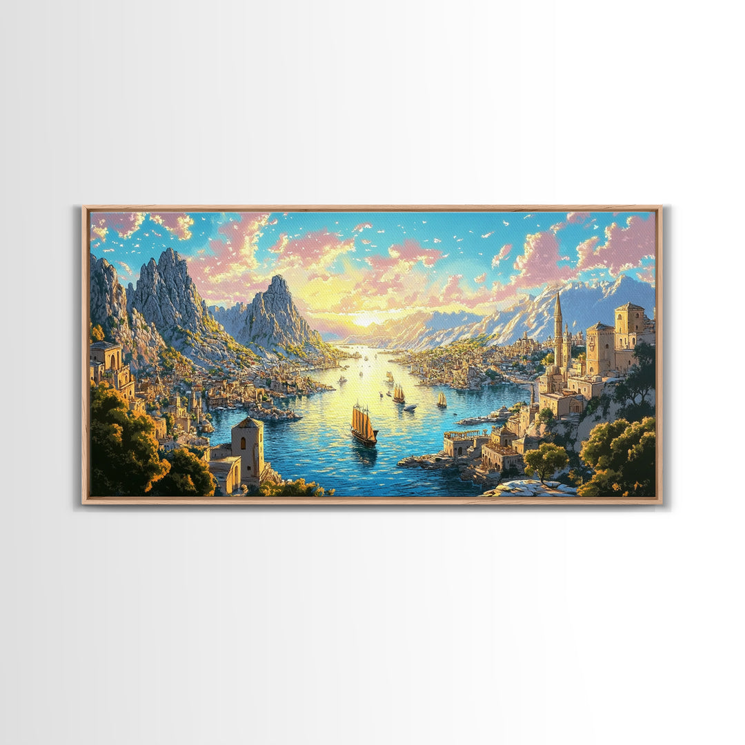 Mediterranean Mountain Harbor Canvas Print, Fantasy Seascape Wall Art, Coastal Village Decor For Living Room And Office Decor