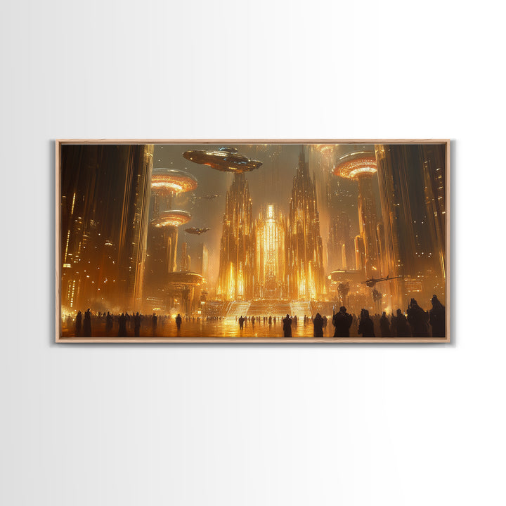 Golden Alien Metropolis Canvas Print, Sci Fi Futuristic City Wall Art, Ufo Fantasy Skyline Decor For Gamer Room And Office