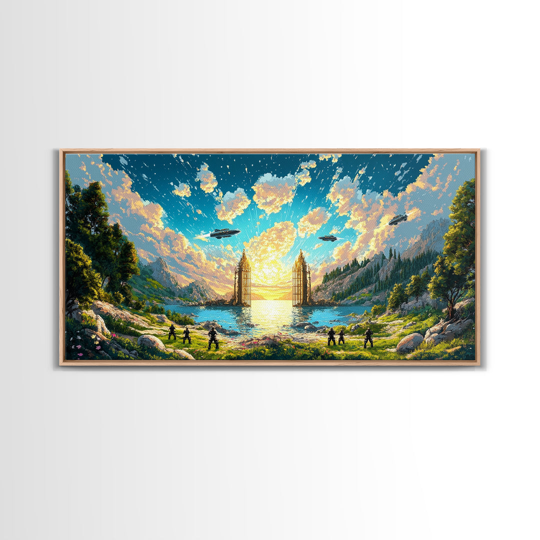 Fantasy Valley Portal Canvas Print, Epic Mountain Lake Wall Art, Adventure Landscape Decor For Kids Room And Gamer Room Poster