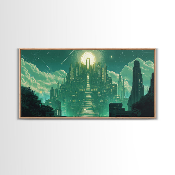 Emerald Celestial Temple Wall Art, Mystical Green City Canvas Print, Sci Fi Fantasy Decor For Meditation Room And Office