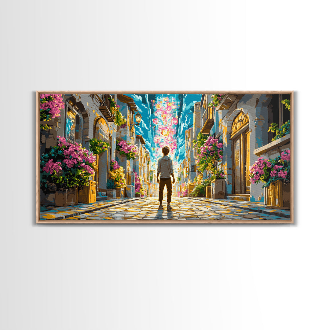 Vibrant Flowered Cobblestone Alley Wall Art, Fantasy Cityscape Canvas, Colorful Travel Poster, Living Room Wall Decor Print