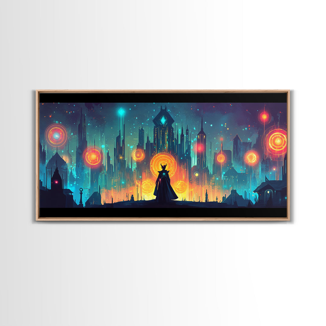 Cloaked Sorceress In Neon Skyline Wall Art, Cyberpunk Fantasy Canvas, Mystical Cityscape, Modern Sci Fi Gamer Room Decor Print