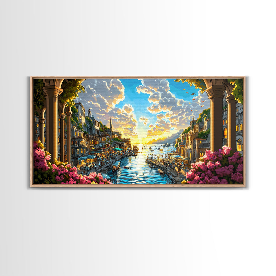 Sunlit Coastal Canal Harbor Wall Art, Mediterranean Cityscape Canvas, Seaside Landscape Print, Elegant Living Room Decor