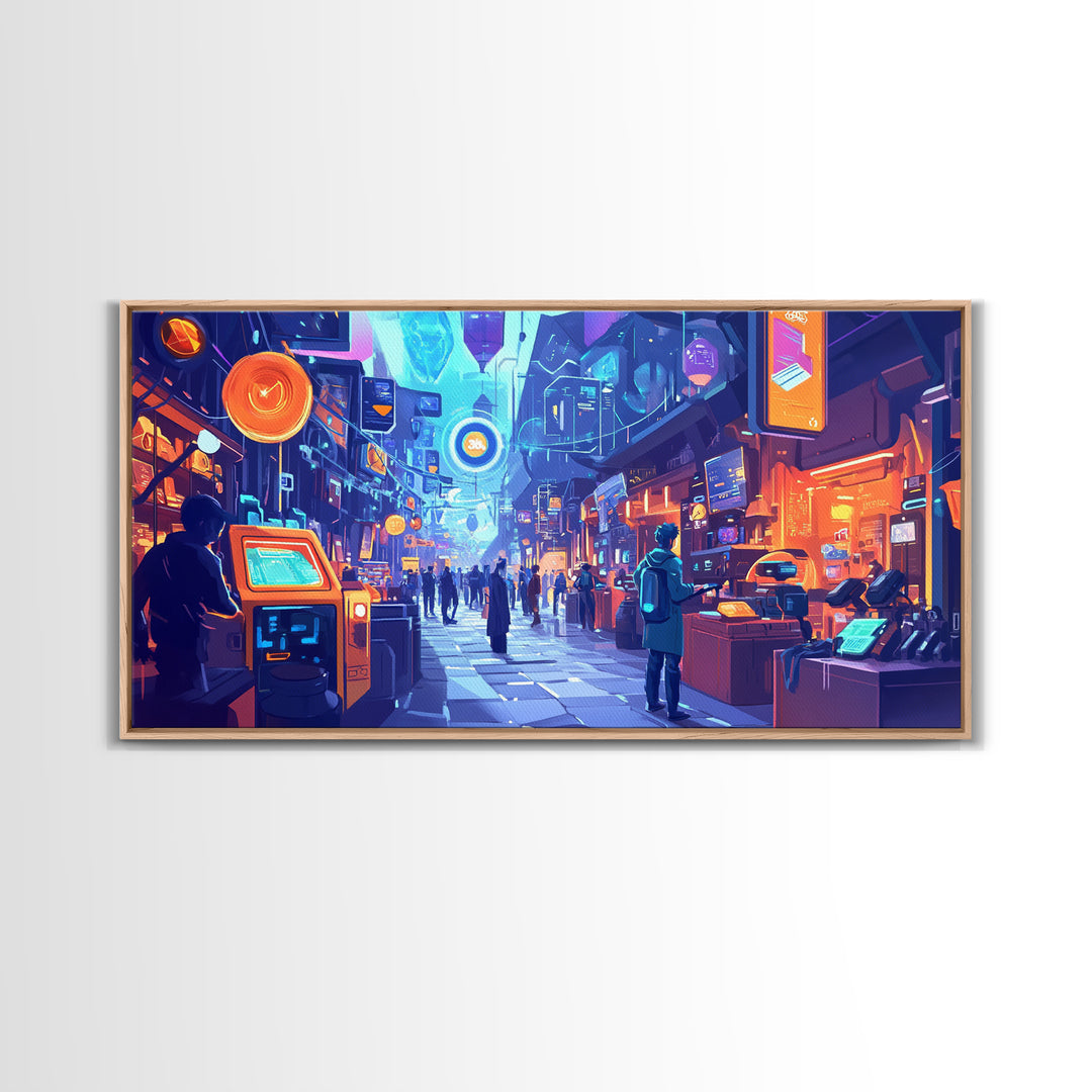 Neon Cyberpunk Market Arcade Wall Art, Futuristic City Canvas Print, Modern Gamer Room Decor, Sci Fi Urban Street Poster